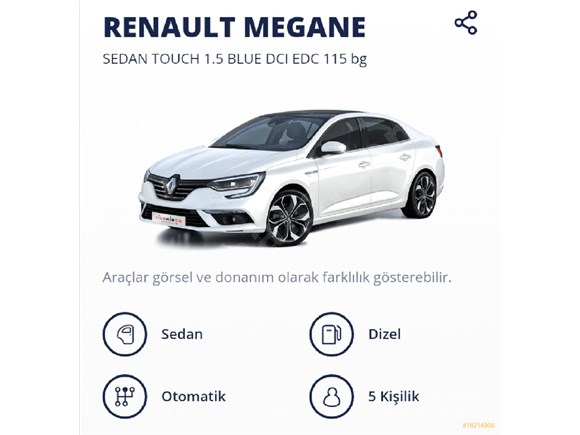 Sahibinden Renault Megane 1.5 Blue DCI Touch 2020 Model