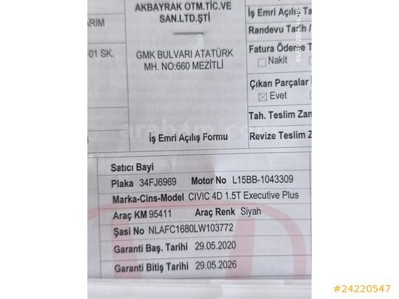 Galeriden Honda Civic 1.5 i-VTEC Executive Plus 2020 Model Mersin