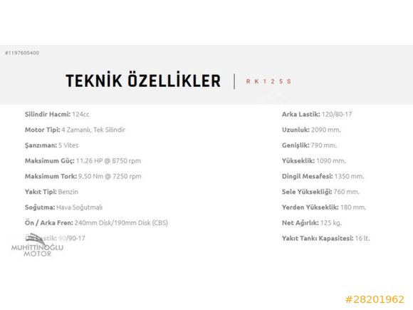 MUHİTTİNOĞLU MOTOR RKS RK125S NAKİT FİYATINA 3 TAKSİT