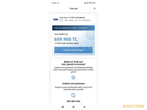 Sahibinden Temiz Ford Focus 1.6 TDCi Trend 2013 Model