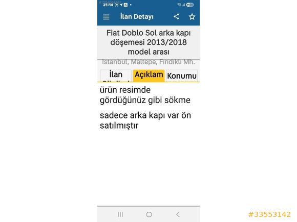 Fiat doblo sol arka kapı döşemesi 2013.2018 model