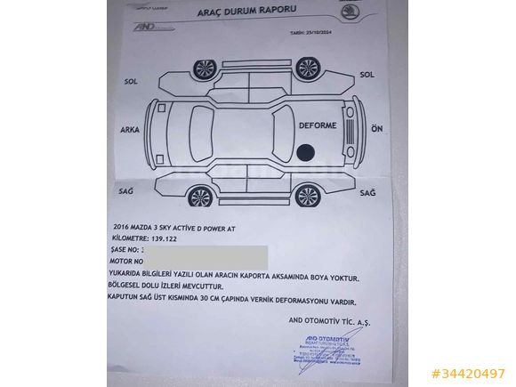 Sahibinden Mazda 3 1.5 SkyActive-D Power 2016 Model 