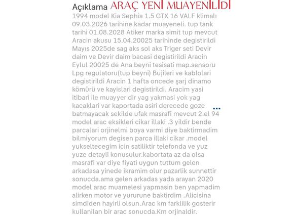 Sahibinden Kia Sephia 1.5 GTX 1994 model 30.03.2028 e kadar muayeneli.