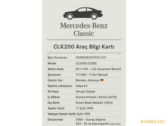 Sahibinden Mercedes - Benz CLK 200 Kompressor 1998 Model 