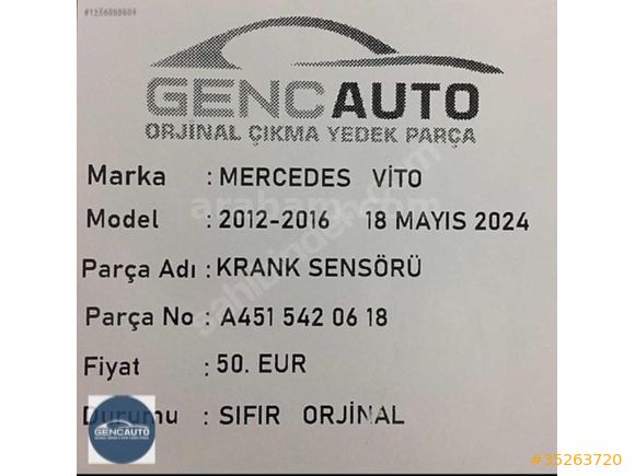 MERCEDES VİTO KRANK SENSÖRÜ SIFIR ORJİNAL OEM A4515420618