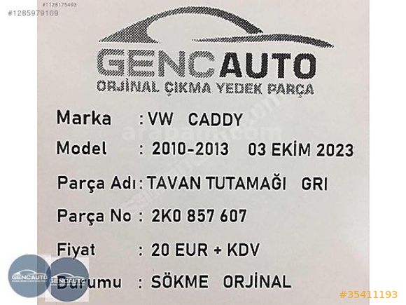 VW CADDY TAVAN TUTAMAĞI GRI SÖKME ORJİNAL OEM 2K0857607