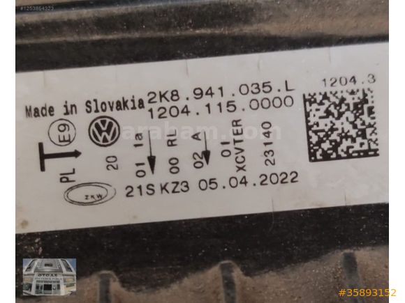 VOLKSWAGEN CADDY SOL ÖN FAR 2K8941035