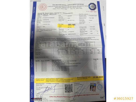 2001 1.9 TDI ÇEKME BELGELİ VW BORA