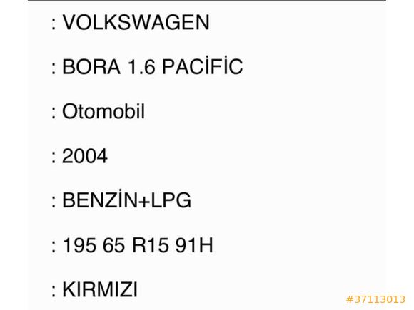 Sahibinden Volkswagen Bora 1.6 Pacific 2004 Model Yalova