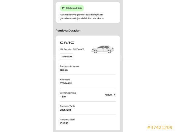 - 34FB5500 -  HONDA CÍVÍC ECO ELEGANCE 38 BIN KM