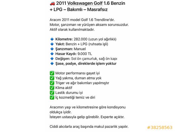 Sahibinden Volkswagen Golf 1.6 Trendline 2011 Model 