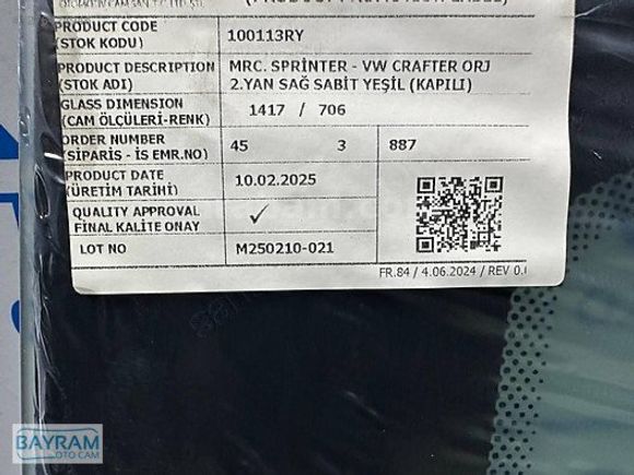MERCEDES SPRINTER YAN CAM SABİT