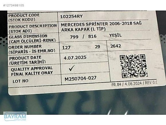 MERCEDES SPRİNTER ARKA CAM SAĞ