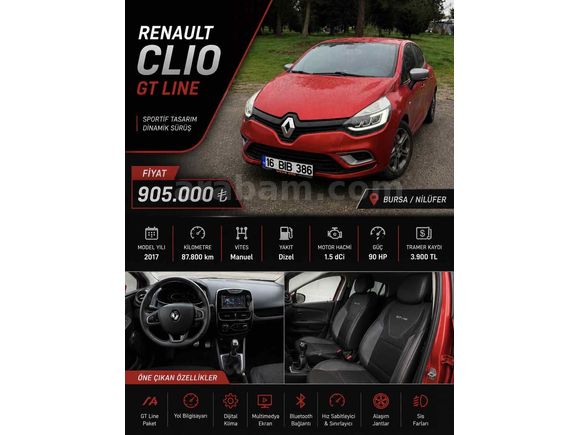 Memurdan En Dolu Paket Renault Clio 1.5 dCi GT Line 2017 Model Bursa 87.500 km Kırmızı