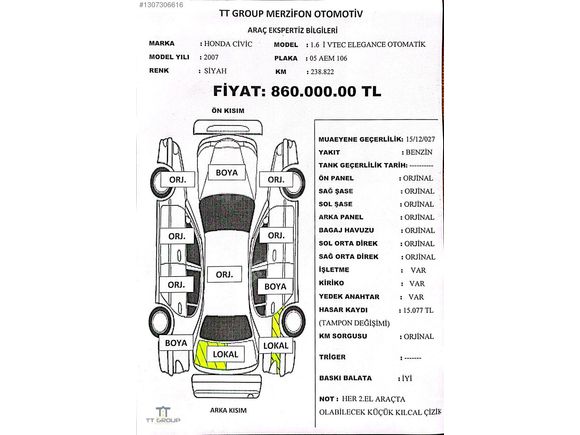 2007 HONDA CİVİC 1.6 İ-VTEC ELEGANCE OTOMATİK 230 BİN DE