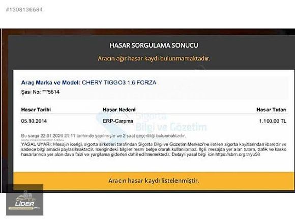 TEMİZ CHERY TİGGO 3 DEĞIŞENSIZ