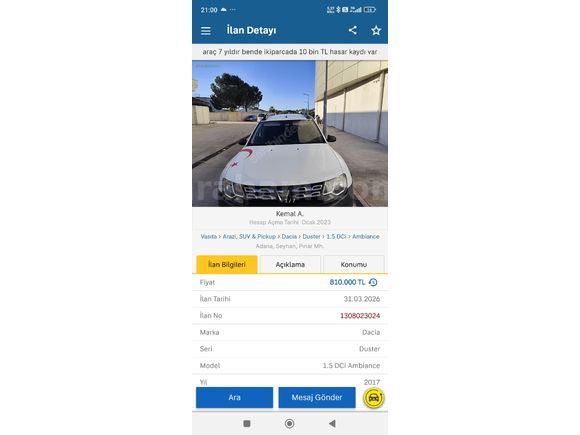 Sahibinden Dacia Duster 1.5 dCi Ambiance 2017 Model  215.000 km Beyaz