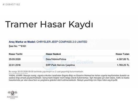 KARAMANLI GARAGE JEEP COMPASS 2.0 HATASIZ BOYASIZ 91 KM.
