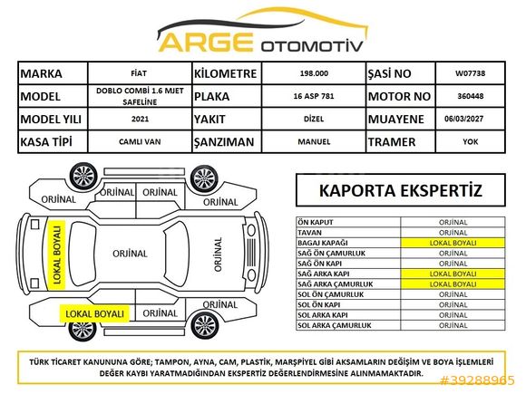ARGEDEN 2021 1.6 DOBLO SAFELINE İLK EL YETKİLİ SERVİS BAKIMLI