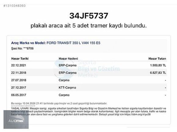 2014 FORD TRANSİT BOYASIZ 350L ARKA ÇEKER %20 FATURA
