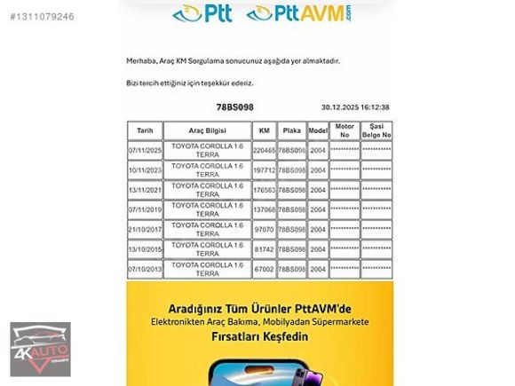 EN DİP RAKAMA 2004 COROLLA 1.6 TERRA LPG 230 BİNDE