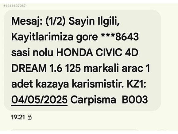 2021 ECO ELEGANCE DEĞİŞENSİZ 1 PARÇA LOKAL BOYALI OTOMATİK CİVİC