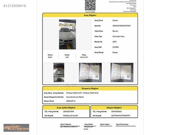 ÇETİNKAYA'dan BMW 520i EXECUTİVE PLUS 2015+BENZİN+OTOMATİK