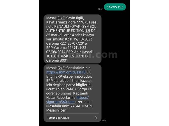 Sahibinden 2012 Renault Symbol değişensiz hasar kayıtlı