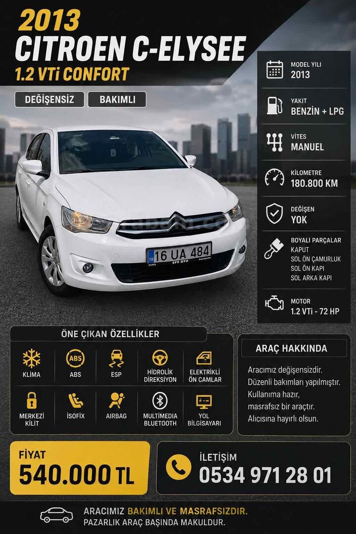 Sahibinden Citroen C-Elysée 1.2 VTi Confort 2013 Model Bursa 181.000 km Beyaz 1