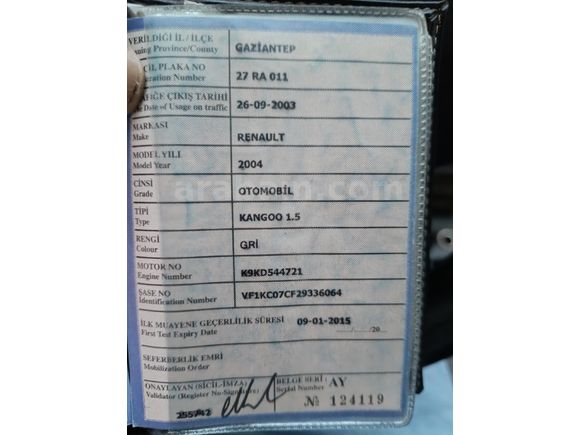 otomobil ruhsatlı Kangoo 1.5 dCi Authentique 2004 Model Gaziantep