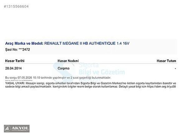 AKYOL OTOMOTİV'DEN 2004 RENAULT MEGANE 1.4 16V MANUEL BENZİN&LPG