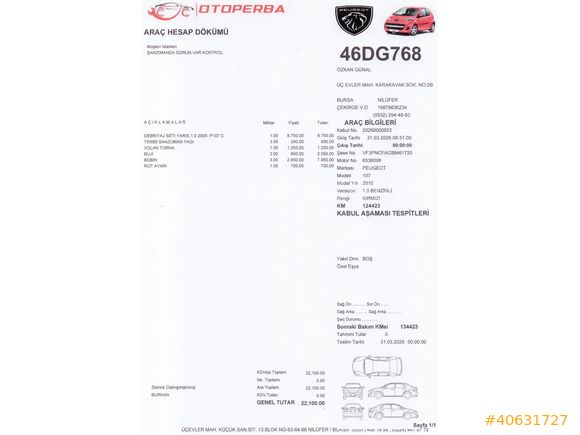 Galeriden Peugeot 107 1.0 Trendy 2010 Model Bursa 125.000 km