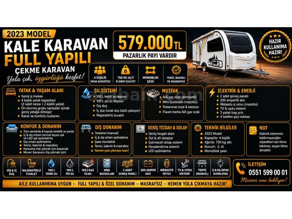 2023 Model Full Yapılı Çekme Karavan | 4 Kişilik | 750 KG Altı