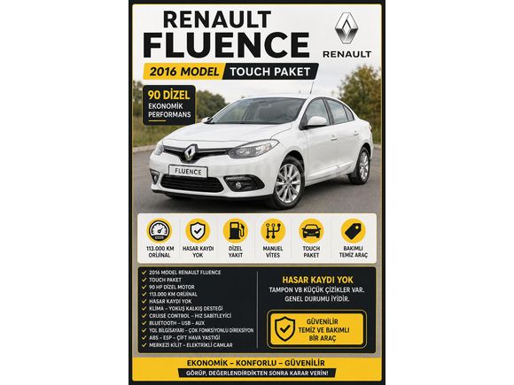 Sahibinden Renault Fluence 1.5 dCi Touch 2016 Model  113000 km Beyaz