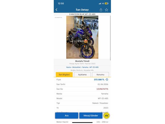 Sahibinden Yamaha MT 25 ABS 