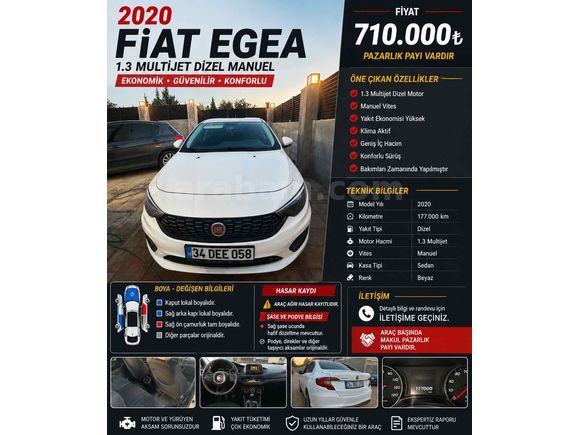 Sahibinden Fiat Egea 1.3 Multijet Easy 2020 Model 