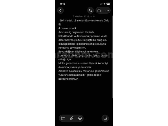 Sahibinden Honda Civic 1.5 EL 1994 Model 