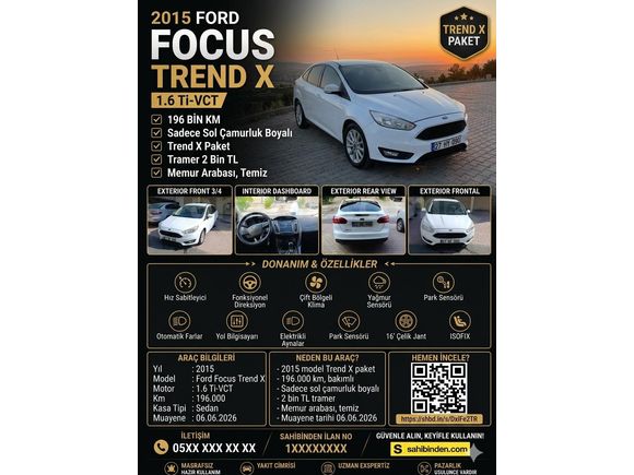 Sahibinden Ford Focus 1.6 TDCi Trend X 2015 Model  196.000 km Beyaz