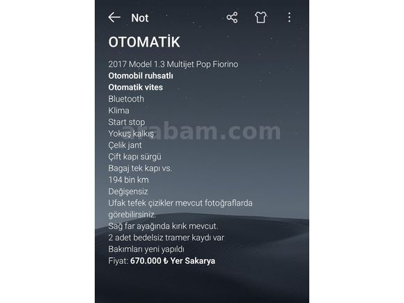 Sahibinden Otomobil ruhsatlı  + Otomatik Fiat Fiorino Combi 1.3 Multijet Pop 2017 Model Sakarya 194.000 km Beyaz