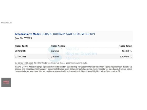 NEO MOTORS'DAN 2016 OUTBACK 149.500 KM DEĞİŞENSİZ BOYASIZ