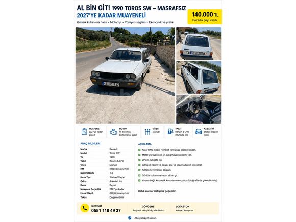 Sahibinden Renault R 12 Toros 1990 Model