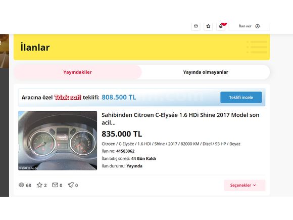 Sahibinden Citroen C-Elysée 1.6 HDi Shine 2017 Model son acil...