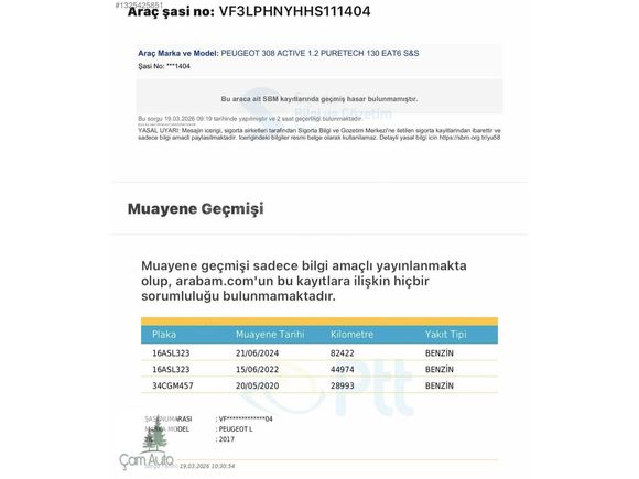 2017 DEĞİŞENSİZ TRAMERSİZ 308 1.2 PureTech 130 HP 125.000 KM