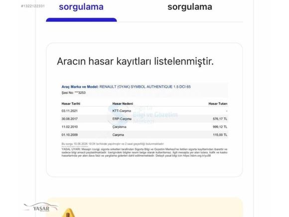 ORJİNAL 207 BİNDE RENAULT SYEMBOL 1.5 DCI KLİMALI FULL BAKIMLI