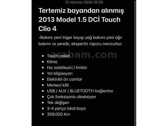 Sahibinden Renault Clio 1.5 dCi Touch 2013 Model 