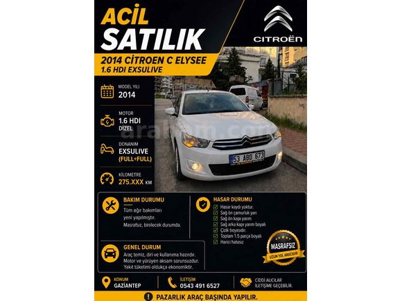 Sahibinden Citroen C-Elysée 1.6 HDi Exclusive 2014 Model 