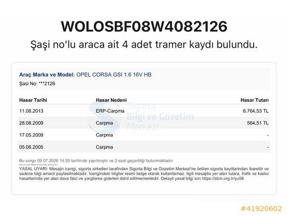 ÇITIR HASARLI ÇEKME BELGELİ SARUFLU KLİMALI CORSA GSİ