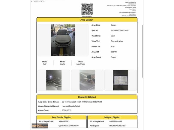 FİAT EGEA 1.6MULTİJET+2020+DİZEL+OTOMATİK+192.000KM