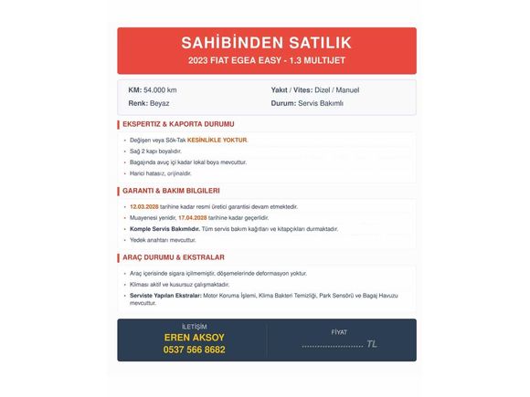 Sahibinden Fiat Egea 1.3 Multijet Easy 2023 Model 