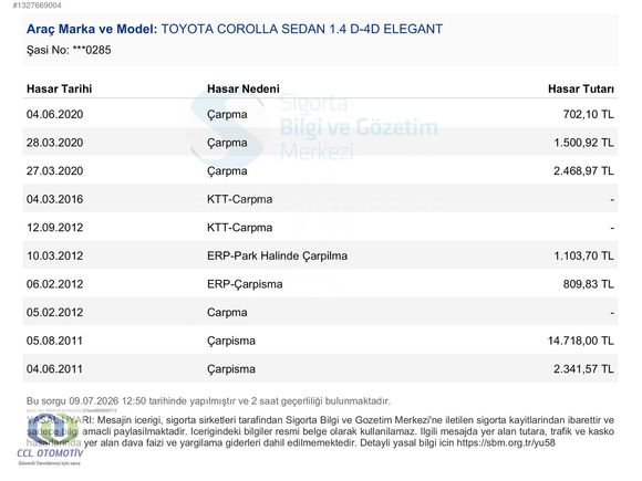 2011 TOYOTA COROLLA 1.4 D-4D ELEGANT CCL A.Ş'DEN